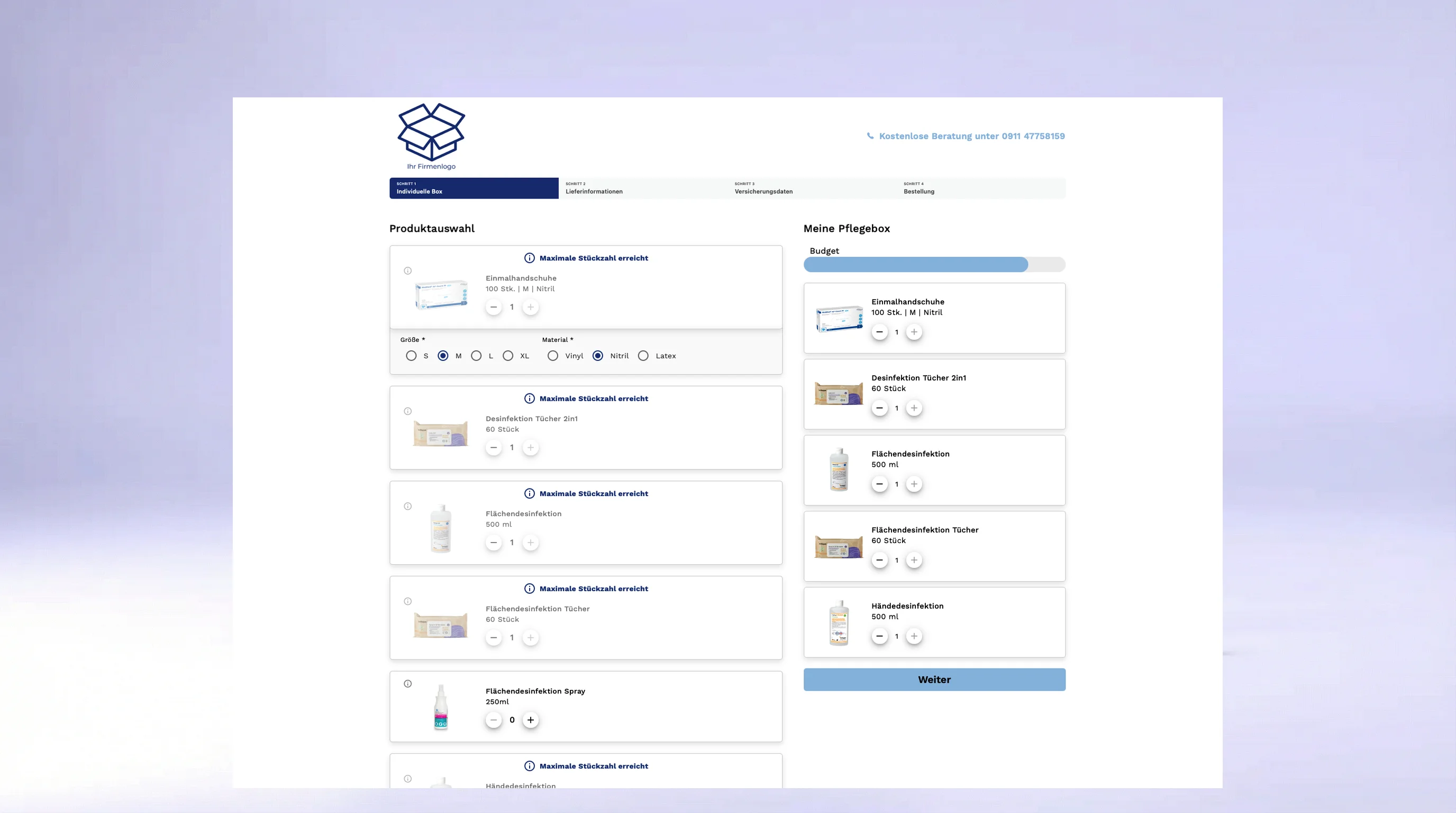 Pflegehilfsmittel Webshop Konfigurator für individuelle Pflegeboxen